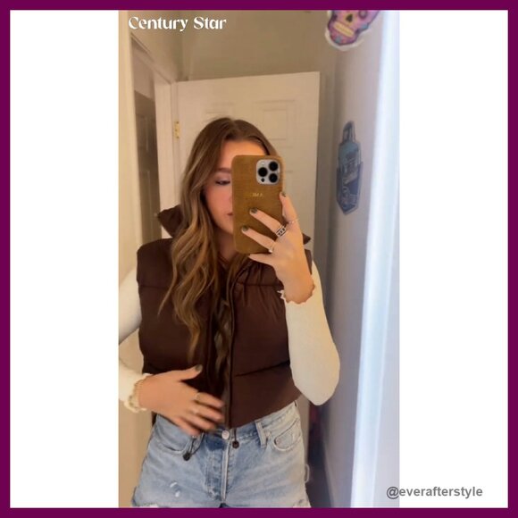 Cropped Puffer Vest Quilted Sleeveless Zip Chic Minimal Fall Winter Outerwear - Picture 8 of 8